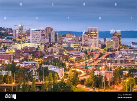 Tacoma Washington Usa Skyline At Night Stock Photo Alamy