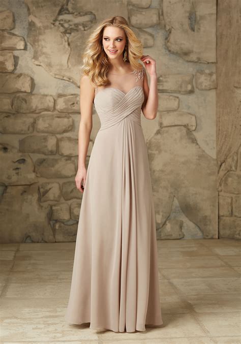 Chiffon Bridesmaid Dress With Embroidered Detail On Illusion Neckline