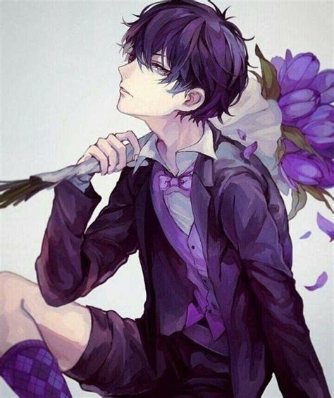 A Man With Purple Hair Is Holding A Flower In His Hand And Sitting On