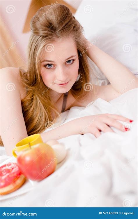 Seductive Blonde Pretty Girl Laying On White Bed Stock Image Image Of Bedtime Lying 57146033