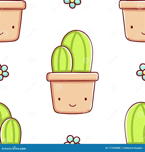 Simple Seamless Pattern Cute Kawaii Hand Drawn Cactus Doodles Stock