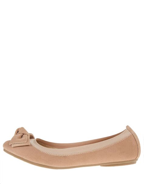 Suede Elasticated Ballerina Flats With Bow Nude Flat Shoes Accessorize Uk