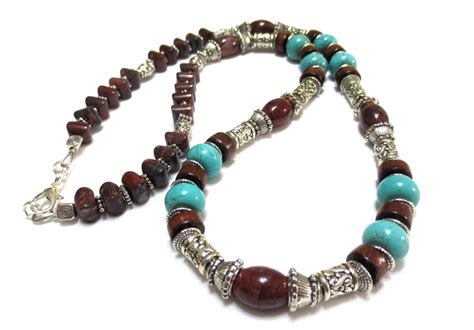Mens Turquoise Necklace T For Him Brown Wood And