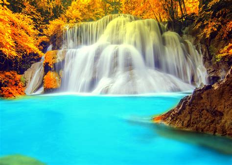 Autumn Forest Cascading Waterfall Hd Wallpaper Background Image