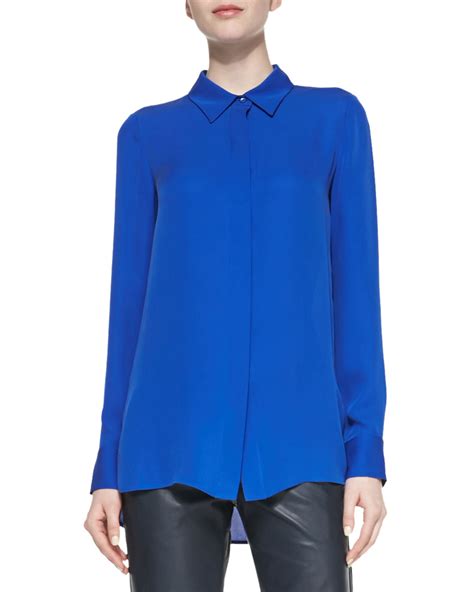 Lyst Vince Classic Long Sleeve Silk Blouse In Blue