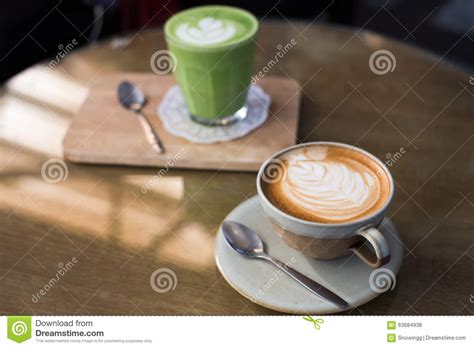 Hot Drinks With Latte Coffee Matcha Green Tea On Wooden Table Stock
