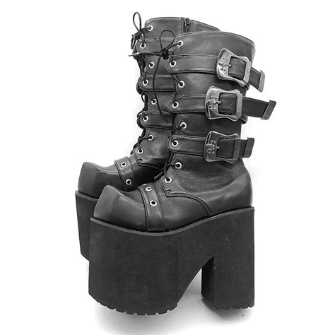 Punk Woman Platform Mid Calf Boots Super High Heels 16cm Triangle Toe Belt Buckle Cross Strap