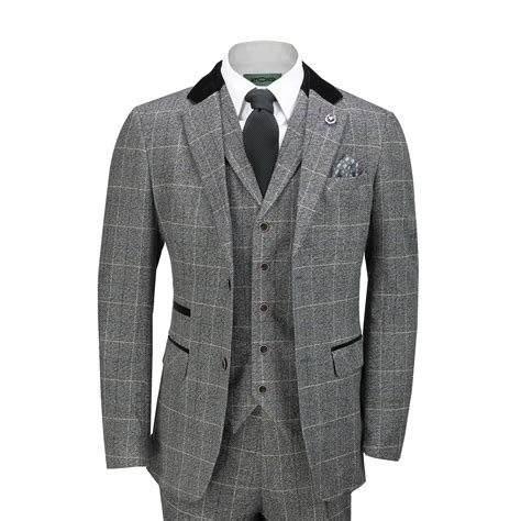 mens 3 piece grey herringbone suit vintage tweed navy check classic tailored fit ebay