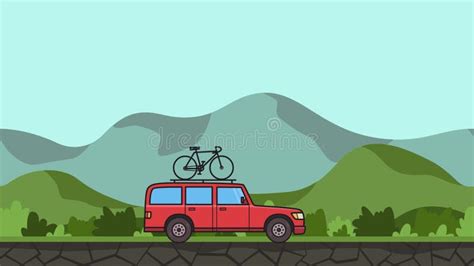 Animated Red Suv Car With Bicycle On The Roof Trunk Riding Through