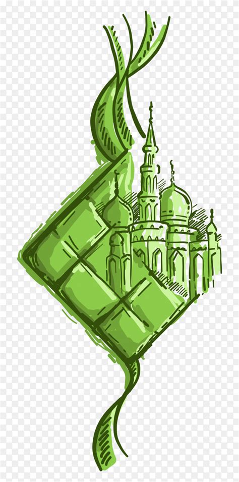 Hand Drawn Illustration Of Eid Mubarak Ketupat And Mosque Vector Png