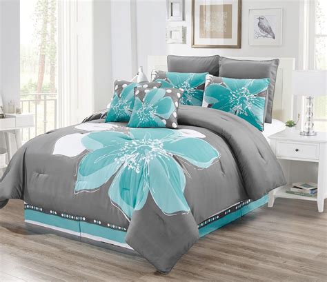 6 Piece Aqua Blue Grey White Floral Comforter Set Twin Size Bedding Accent