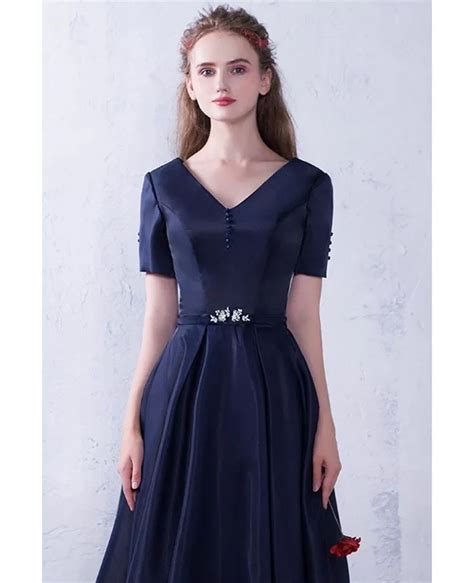 Modest Navy Blue Vneck Tea Length Semi Party Dress With Short Sleeves G79059