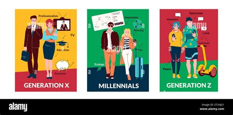 People Generations Flat Poster Set Representing X And Z Generation And
