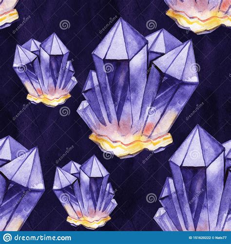 Watercolor Crystals In Violet Colors Hand Drawn Seamless Pattern Stock