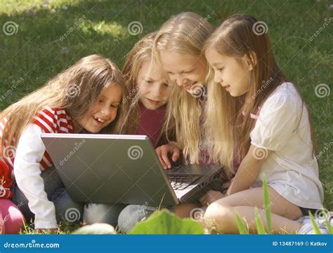 Girls Using Laptop Stock Image Image Of Playing Together 13487169