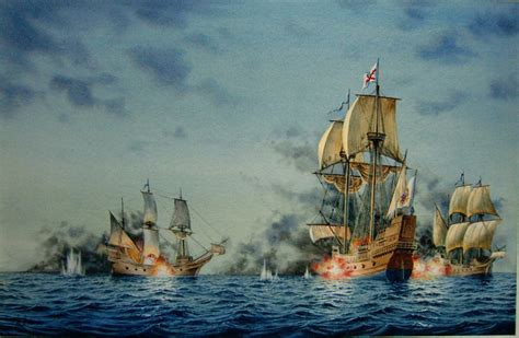 Oil Painting Of Tall Ships At War
