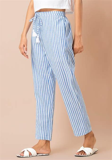 Buy Women Blue White Striped Cotton Narrow Pants Bloggers Page