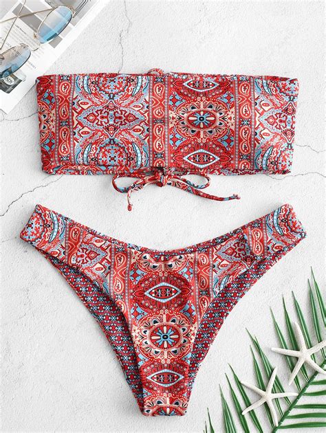 70 Off 2020 Zaful Ethnic Floral Lace Up Reversible Bikini Set In