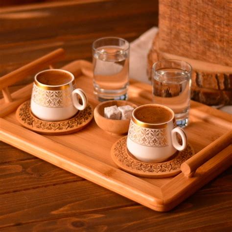 Turkish Coffee Cup 2 Cups 2 Saucers Porcelain Bamboo Ottoman