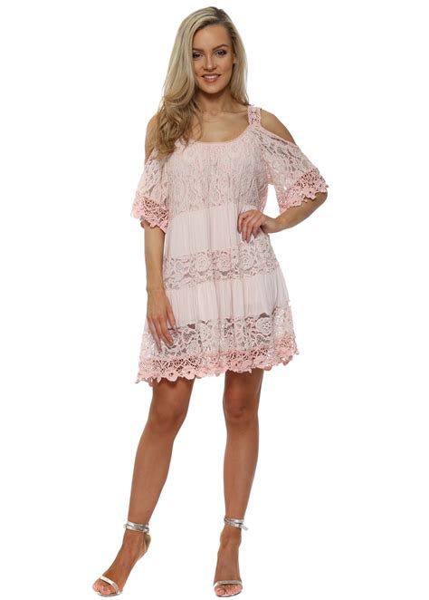 Made In Italy Pink Lace Cold Shoulder Summer Mini Dress
