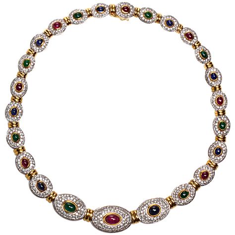 Ruby Sapphire Emerald Diamond Gold Necklace At 1stdibs