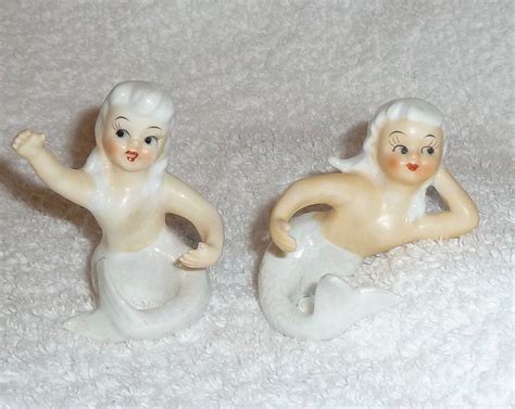 Vintage Mermaid Pair Candle Hugger Figurine White Iridescent