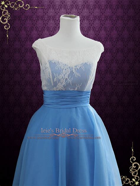 Modest Blue Retro Tea Length Formal Dress Edena