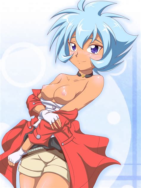 Takappe Hikaru Hazama Beyblade Metal Fight Beyblade Highres S Blue Hair Blush Breasts