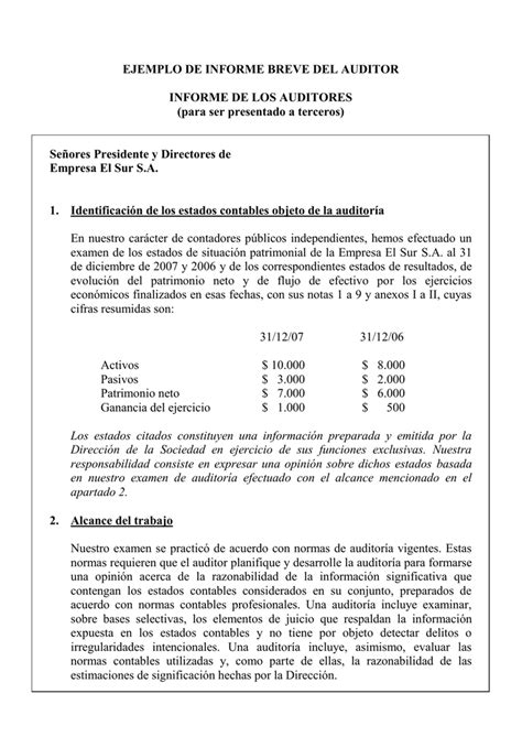 Ejemplo De Informe Breve Del Auditor