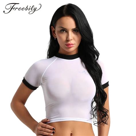 Sexy Women See Through Mesh Crop Top T Shirt Ice Silk Transparent T Shirt Bottom Wear White