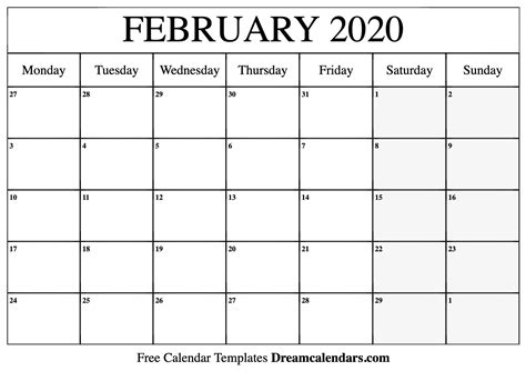 February 2020 Calendar Free Blank Printable With Holidays