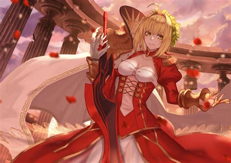 Armor Blonde Hair Breasts Cape Cleavage Clouds Dress Fate Grand Order Fate Series Green Eyes