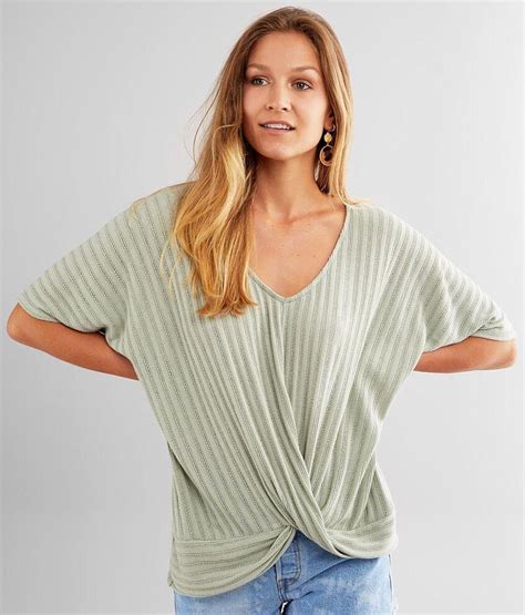 Daytrip Pointelle Knit Ribbed Top Womens Shirtsblouses In Sage Buckle