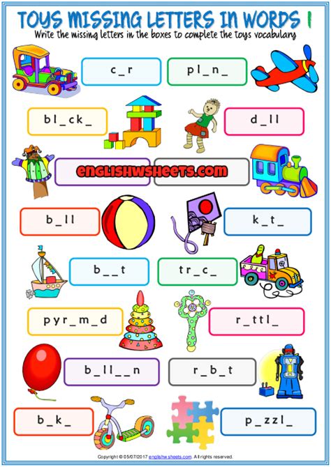 Match words and pictures match the word and pictures that start with the letters. Toys ESL Missing Letters In Words Exercise Worksheets
