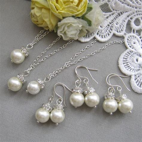 Set Of 5 Rhinestone Pearl Necklace And Earing Set Bridesmaids Necklace