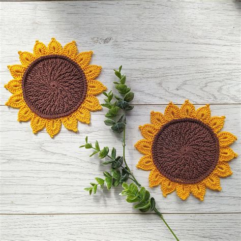 Sunflower Coasters Crochet Coastersfall Home Decor Etsy