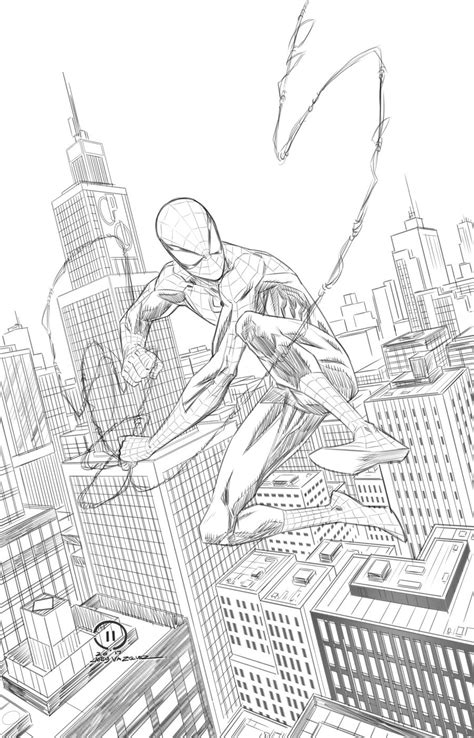 Spider Man Swinging Through The City Pencils By