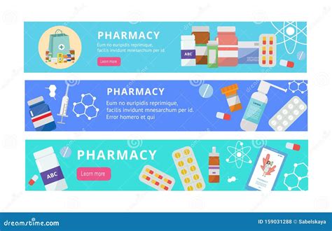 Pharmacy Banner Set Flat Cartoon Website Elements With Drugs And Pill