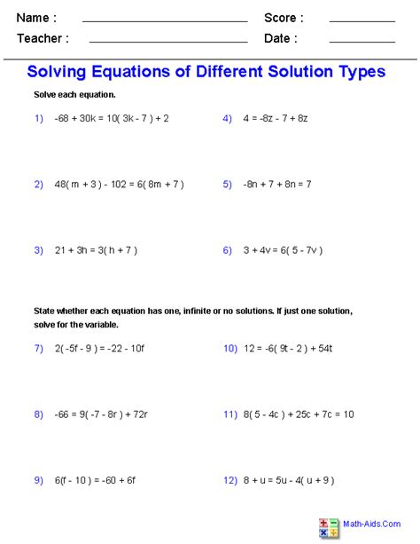 Algebra 1 Equations Worksheets