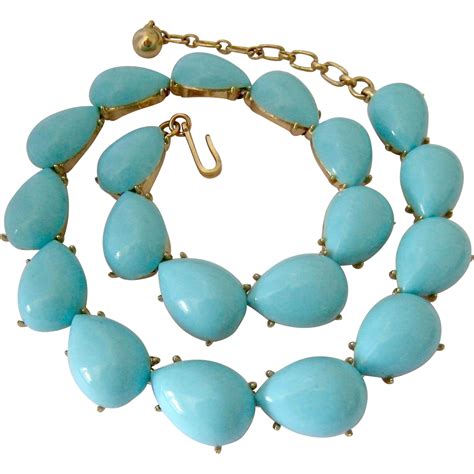 Vintage Trifari Turquoise Glass Cabochon Necklace Choker Vintage