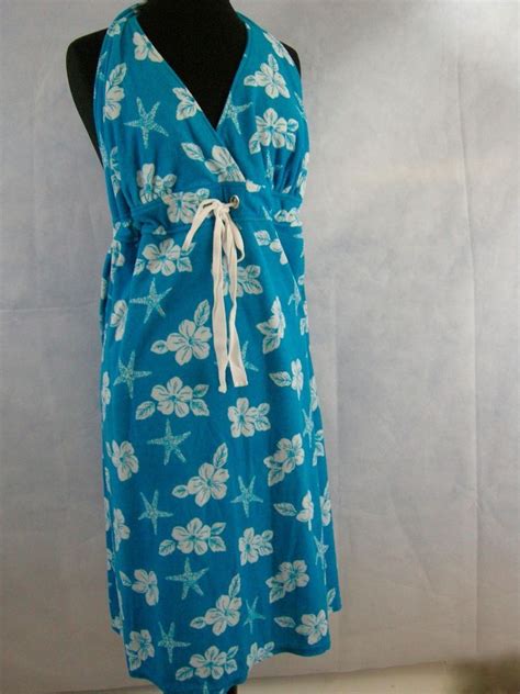 Hawaiian Terry Cloth Blue White Dress 3x Halter Floral Polyester Travel