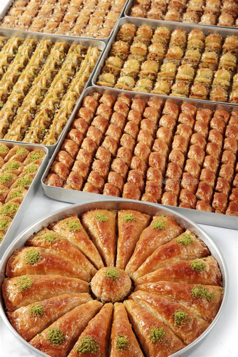 Traditional Turkish Dessert Baklava Varieties With Pistachio Walnut