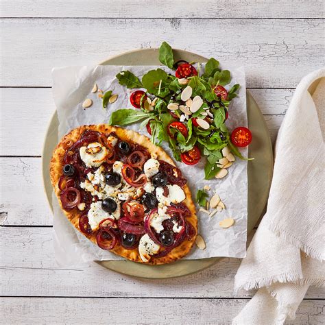 Goats Cheese And Red Onion Flatbreads Rocket Salad Recipe Gousto