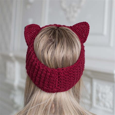 Knitted Headband Cat Ears Headband Crocheted Headband With Etsy
