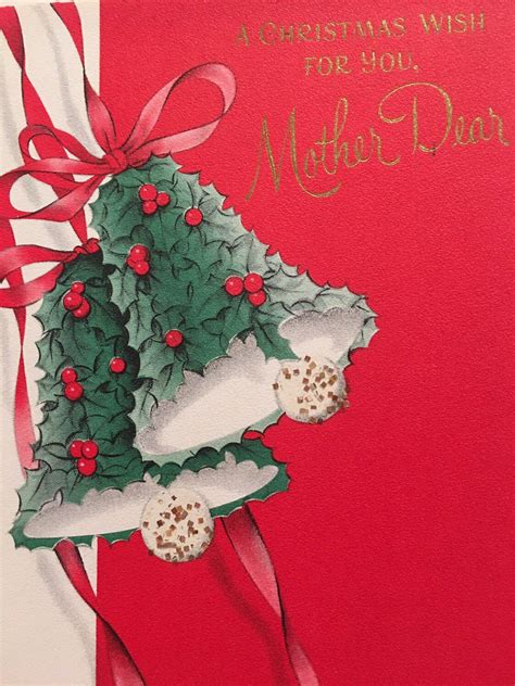 Vintage Christmas Card Mother Dear Glitter Bells Holly Mid Etsy