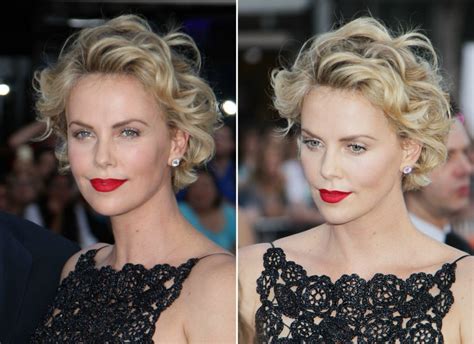 Charlize Theron Short Curled Hairstyle With The Hair Away From The Face