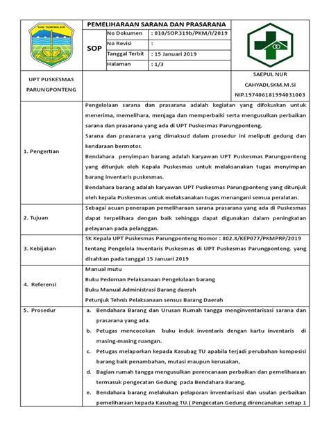 Sop Pemeliharaan Sarana Dan Prasarana Pdf