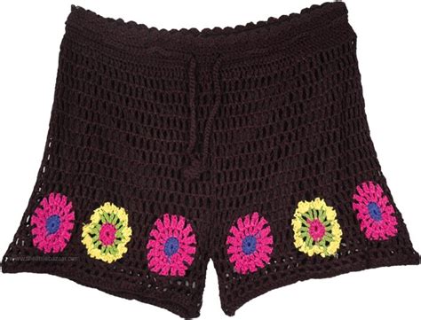 Black Shorts In Crochet With Flower Pattern Shorts Black Crochet