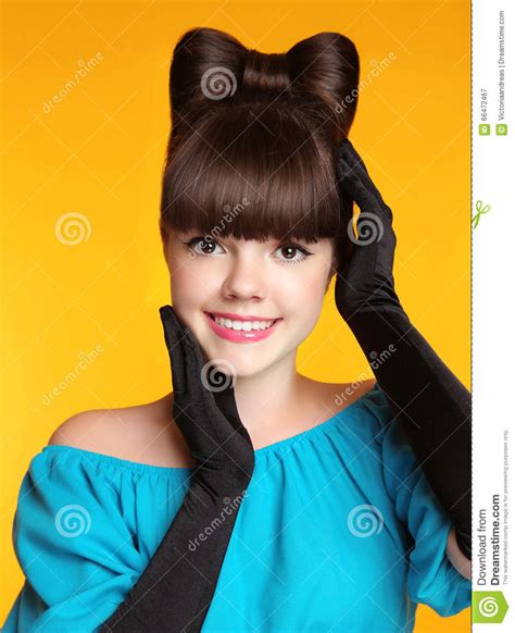 Happy Smiling Teen Girl With Bow Hairstyle Beauty Young Model P Stock