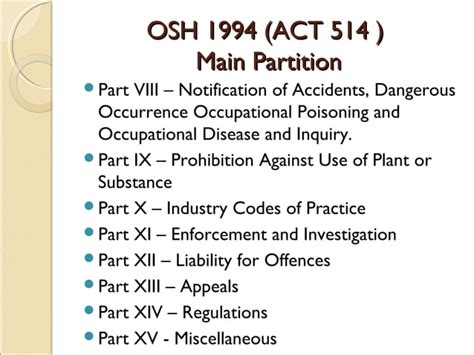 Occupational Safety And Health Act 1994 Act 514 Ppt